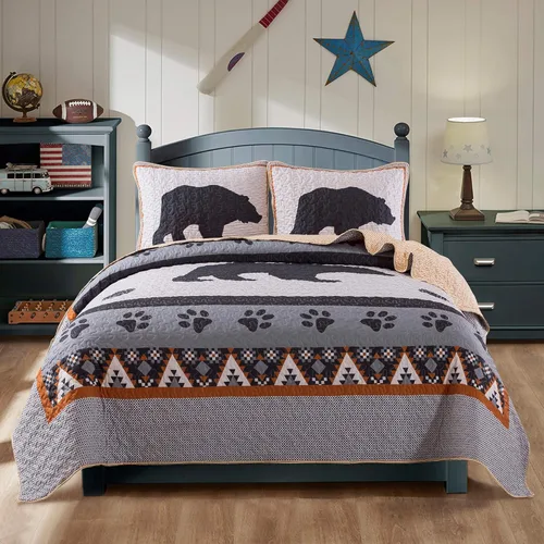 Miniatura 11 de Soul & Lane Juego de ropa de cama rústico para cabaña con diseño de oso - Tamaño individual con 1 funda, ropa de cama para cabaña en la naturaleza