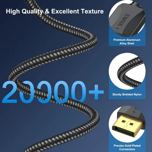 Miniatura 2 de Cable DisplayPort a DisplayPort de 3 pies, trenzado, paquete de 2 adaptadores de puerto de pantalla DP macho a macho 4K, 2 k@165 Hz/144 Hz/120 Hz