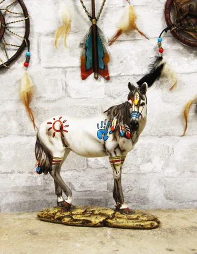 Miniatura 2 de Ebros Ebros Ecuestre Tribal Belleza Medicina Espíritu Caballo Hecho a Mano Estatua de 8 pulgadas de alto, símbolos indios nativos americanos, plumas