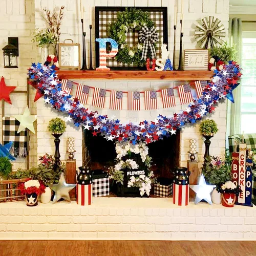 Miniatura 6 de Decoraciones de guirnalda del 4 de julio, decoración patriótica de oropel con purpurina de 50 pies para árbol, coche, carrito de golf, desfile