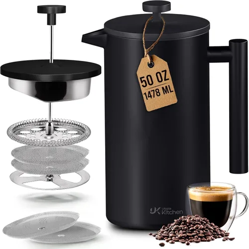 Miniatura 10 de Utopia Kitchen Cafetera de prensa francesa de acero inoxidable de grado 304, 12 onzas, prensa de café aislada de doble pared con sistema
