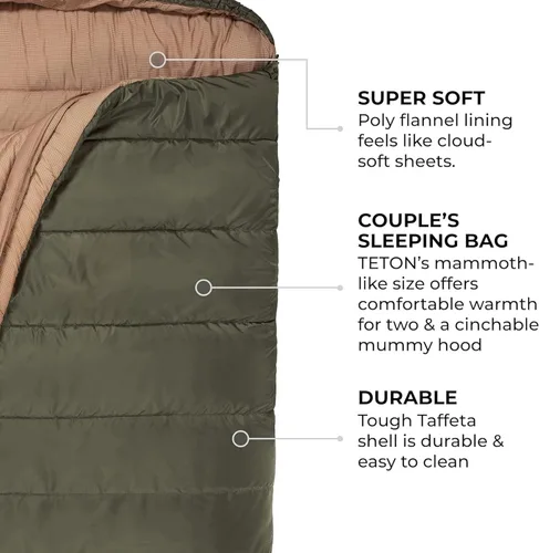 Miniatura 5 de Teton Mammoth - Saco de dormir doble tamaño Queen - Una bolsa cálida que toda la familia puede disfrutar, ideal para camping, caza y campamento Verde