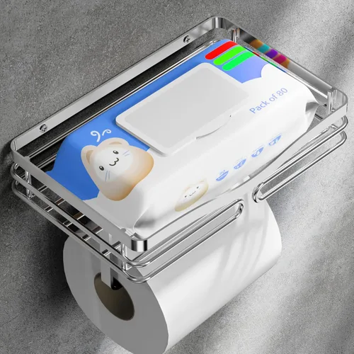 Miniatura 10 de Soporte de papel higiénico con estante de almacenamiento, metal negro, montaje sin taladros, se adapta a toallitas húmedas de tamaño Costco