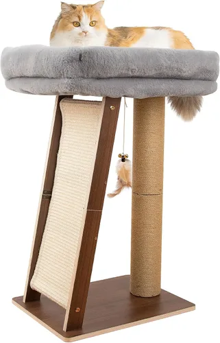 Miniatura 11 de Poste rascador para gatos de 31.5 pulgadas, muebles multifuncionales de madera de pino natural 3 en 1, postes altos para rascar con percha