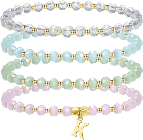 Miniatura 14 de IEFWELL Pulseras con iniciales para niñas y niños – Juego de 4 pulseras de cristal rosa/azul/blanco/verde, pulsera elástica para niños, joyería