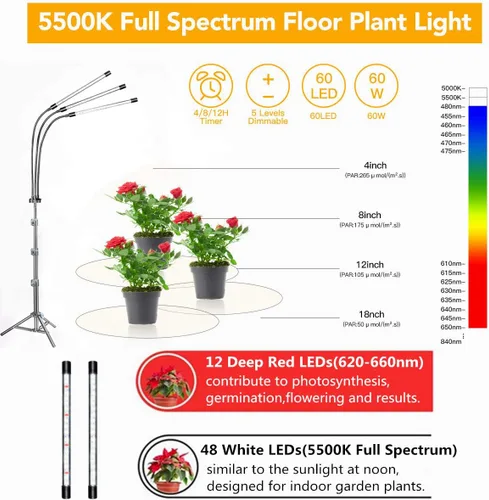 Miniatura 5 de GHodec Luz de Crecimiento con Soporte, 60 LED 5500K Luz de Planta de Piso de Espectro Completo para Plantas de Interior en Crecimiento, 5 Niveles
