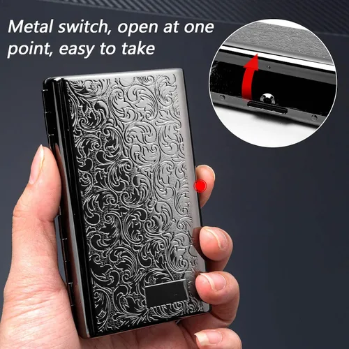 Miniatura 6 de Goshentech Estuche vintage, capacidad de 14, metal plateado metálico negro brillante, doble cara, caja de tarjeta bancaria, caja de efectivo