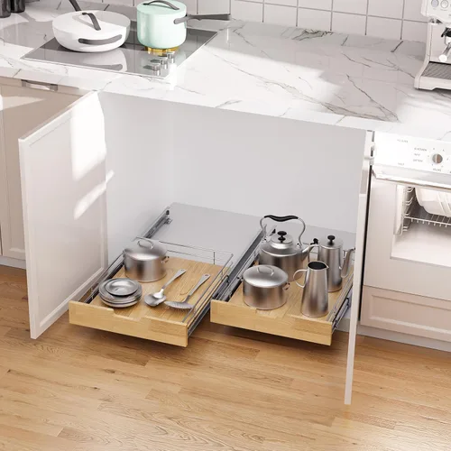 Miniatura 5 de Sikarou Organizador de gabinete extraíble, estante deslizante resistente, cesta de madera y alambre, cajón extraíble para cocina debajo