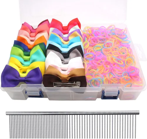 Miniatura 21 de YOY 20 adorables lazos para el pelo de perro con clips y 1000 bandas de goma y 1 peine de acero para peluquería, nudo superior de cachorro, moño