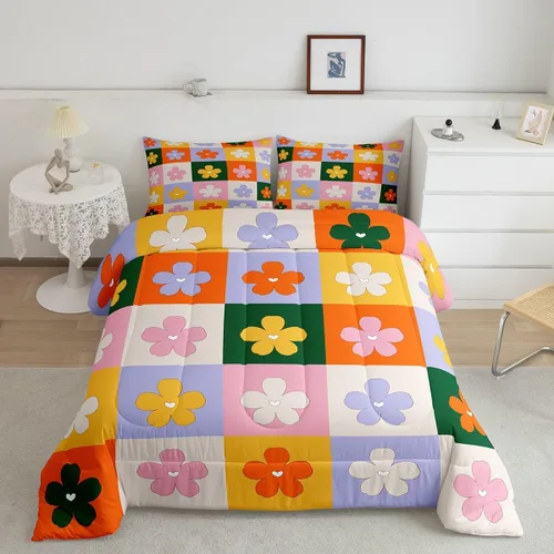Miniatura 32 de Lindo juego de edredón de flores para niños y mujeres. Juego de ropa de cama de flores coloridas de dibujos animados, tamaño individual, bonito