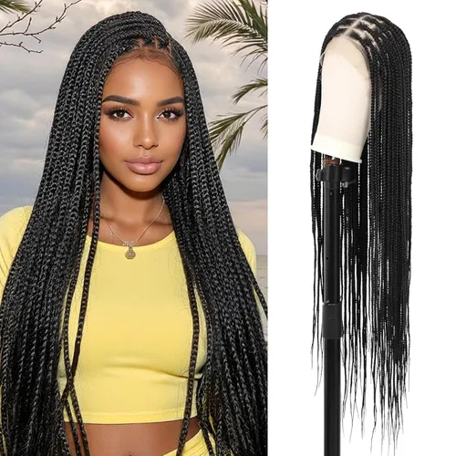 Miniatura 8 de Kalyss Pelucas trenzadas sin nudos para mujer, peluca trenzada con encaje frontal de 13 x 8 pulgadas, pelucas trenzadas con cabello de bebé, peluca