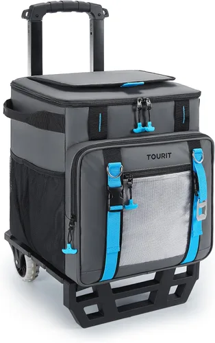 Miniatura 9 de TOURIT Conservadora plegable para 48 latas, con aislamiento, a prueba de fugas, con carro de ruedas de todo terreno, con accesorios mejorados y Azul