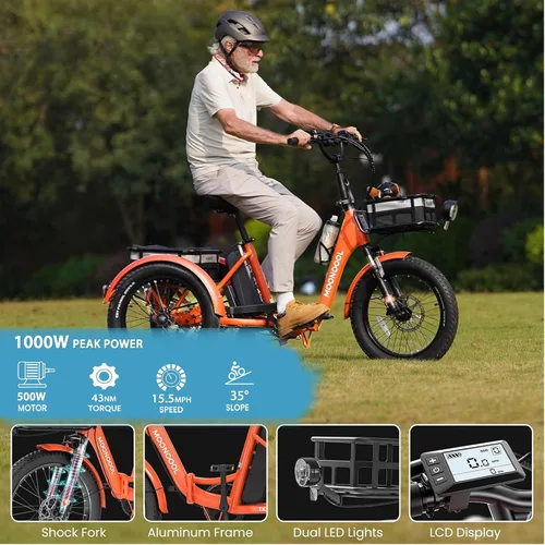 Miniatura 2 de MOONCOOL Foldable Electric Tricycle for Adults, 20" Aluminum Etrike Fat Tire, Rated 500W 48V 15Ah Rear Differential, Front Suspension, 15.5MPH