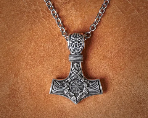 Miniatura 132 de Viking Thors Hammer Necklace Pendant - Vegvisir Aegishjalmur Helm of Awe Raven Huginn Muninn Pendant Necklace Amulet Talisman - Thor Necklace