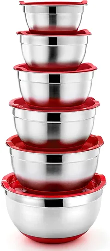 Miniatura 8 de P&P CHEF Tazones para mezclar con tapas, juego de 6, cuencos de mezcla anidables de acero inoxidable y tapas de montaje y parte inferior de silicona
