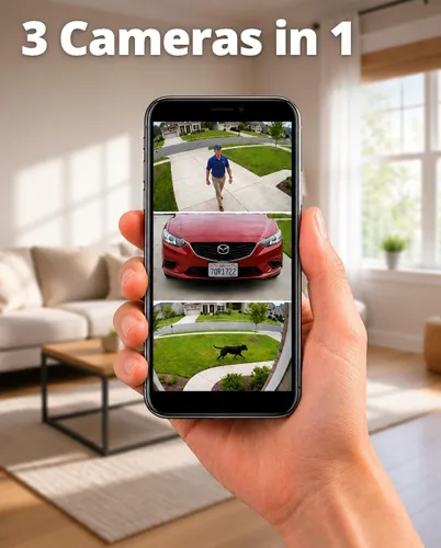 Miniatura 3 de Defender AI 3K+ Guard Tri-Lens WiFi Plug-in Cámara de seguridad 3 en 1, PTZ de 360°, detección de vehículos y humanos AI, seguimiento automático