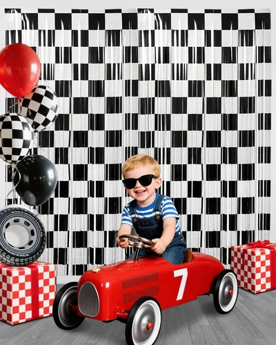 Miniatura 6 de Calmi Cortinas de flecos de aluminio de carreras para decoración de fiesta de cumpleaños, paquete de 3 cortinas de flecos de aluminio blanco y negro
