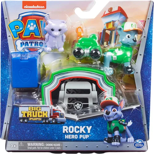 Miniatura 2 de PAW Patrol Big Truck Pups - Figura de acción Rocky con dron de rescate con plataforma central de comando de montaje en clic y amigo animal