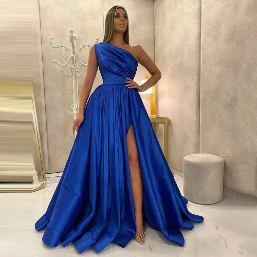 Miniatura 3 de XYAYE Vestidos de fiesta de satén de un hombro con abertura vestidos de noche formales largos con bolsillos para fiesta de mujer