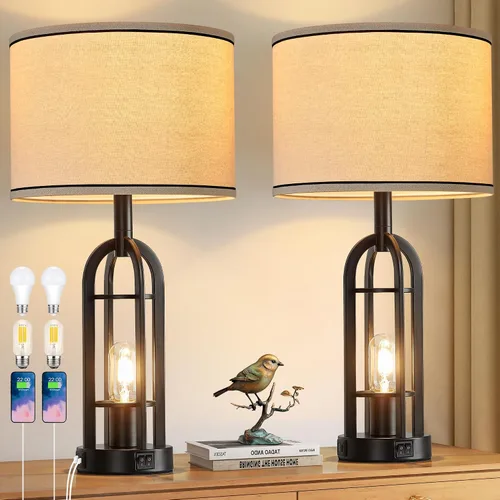 Miniatura 7 de SRJJA Juego de 2 lámparas de mesa de granja para sala de estar y dormitorio, lámparas de noche industriales rústicas para mesitas de noche con USB