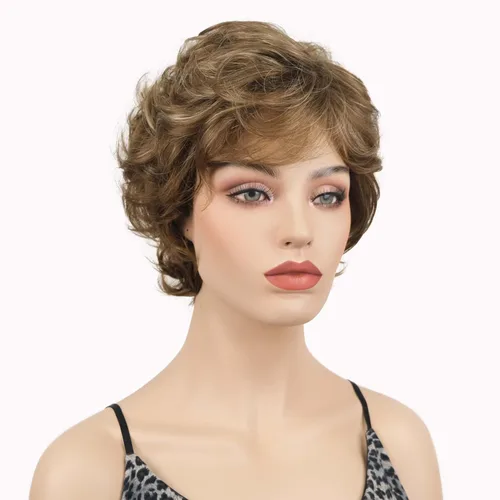 Miniatura 2 de Lydell Pelucas cortas y onduladas de 6 pulgadas, cabello sintético completo, estilo clásico (12TT26 marrón claro con reflejos)