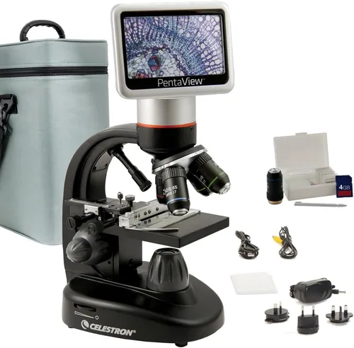 Miniatura 11 de Celestron – Microscopio digital LCD TetraView – Pantalla de 4.3" – Cámara de 5MP – Aumento de 40x–1600x – Cabezal giratorio – Tarjeta SD incluida