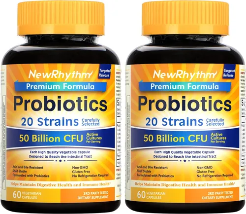 Miniatura 9 de NewRhythm Probióticos 50 mil millones de UFC, 20 cepas, 60 cápsulas vegetales, tecnología de liberación dirigida, resistente al ácido estomacal, sin
