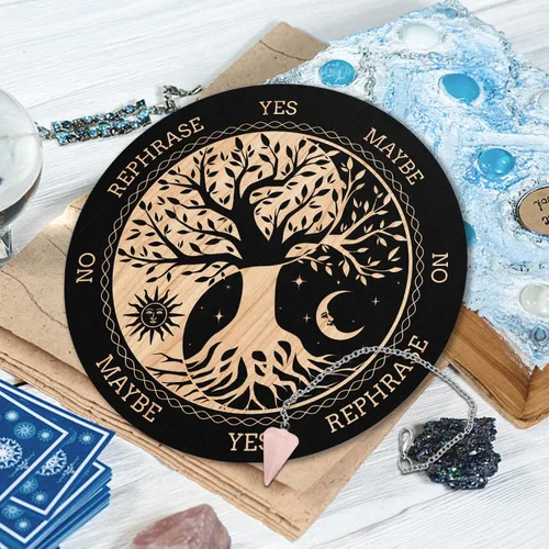 Miniatura 5 de INFUNLY Tablero de péndulo de bruja árbol de la vida, tablero redondo de adivinación de madera de 7.9 pulgadas, tablero de mensajes metafísicos