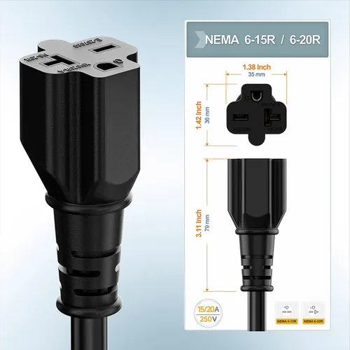 Miniatura 5 de Enchufe de secadora Nema 10-30P de 30 amperios macho a 6-20R T-Blade Hembra, 30A 125/250V Enchufe de 3 clavijas a 20A 250V 6-20/15R Adaptador 12-AWG