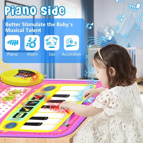 Miniatura 5 de Juguetes de Alfombra Musical 2 en 1 para niños de 1, 2, 3, 4, 5 años, teclado de piano y batería con 2 baquetas, juguetes educativos de aprendizaje