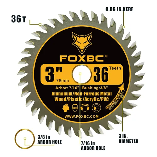 Miniatura 2 de FOXBC Hoja de sierra circular de carburo de 3 pulgadas, 36 dientes para madera, plástico, PVC, acrílico, aluminio con eje de 7/16", buje de 3/8