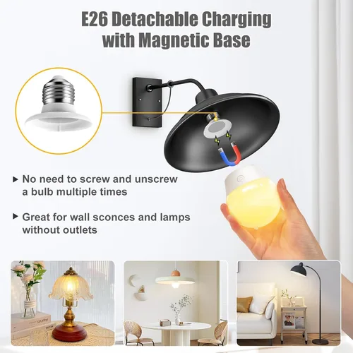 Miniatura 2 de Brightown E26 Bombilla recargable con control remoto y temporizador, bombilla con batería de respaldo para apliques y lámparas, bombillas magnéticas