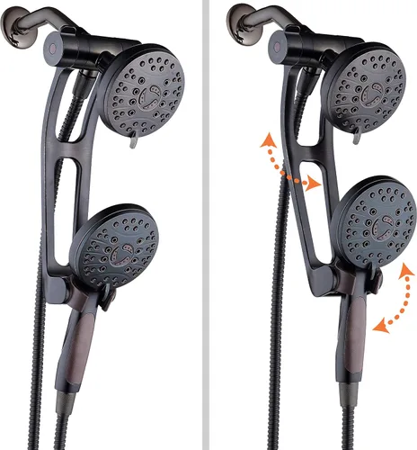 Combo de lujo de 3 vías de alta presión de 48 modos con brazo de extensión ajustable – Cabezal de ducha dual de lluvia y de mano – Manguera de acero