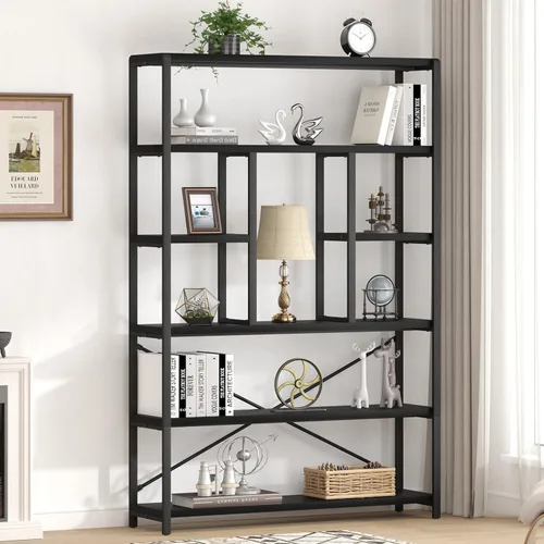 Miniatura 3 de LVB - Estantería alta de 6 niveles en negro, moderna y amplia estantería de almacenamiento, estante de madera y metal industrial de 6 estantes