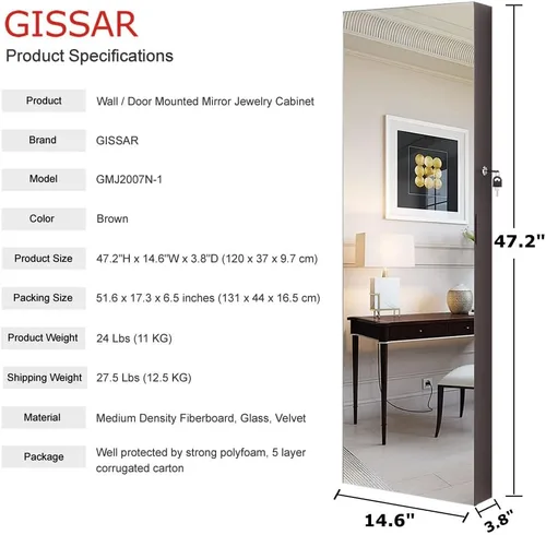 Miniatura 5 de GISSAR Armario de joyería con espejo de longitud completa, 6 luces LED, armario de joyería montado en la pared sobre la puerta, organizador de joyas