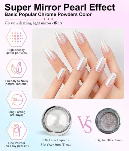 Miniatura 4 de Polvo de uñas cromado perla BISHENGYF: 【Efecto súper espejo】Polvo de uñas cromado perla blanca, transparente como el hielo, aurora cromada para arte