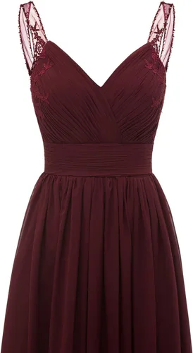 Miniatura 4 de Vestidos de dama de honor de encaje de gasa largos para mujer, cuello en V, plisados, tirantes de tul acampanados, vestidos de graduación, noche