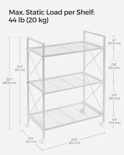 Miniatura 2 de SONGMICS Estante de almacenamiento de metal de 3 niveles con ruedas, unidad de estantería de malla con marcos laterales en X, 23.6 pulgadas de Blanco