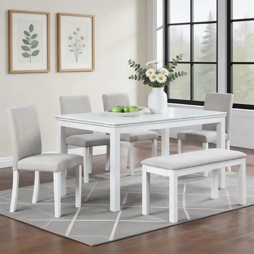 Miniatura 30 de LUMISOL - Juego de mesa de comedor de madera maciza con 4 sillas tapizadas y banco para cocina, comedor, sala de estar, gris plateado