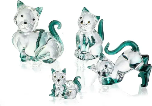 HDCRYSTALGIFTS Figuras de Gatos de Cristal Soplado de 2 pulgadas Coleccionables Paquete de 4 Estatua de Animal Gatito de Cristal Verde Esmeralda