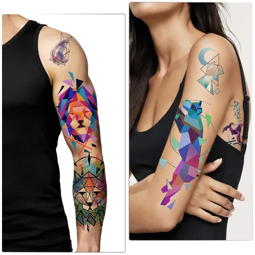 Miniatura 4 de 77 hojas de tatuajes temporales geométricos de animales, 17 hojas de medio brazo 3D de leones, zorro, lobo, búho, tigre, tatuajes falsos
