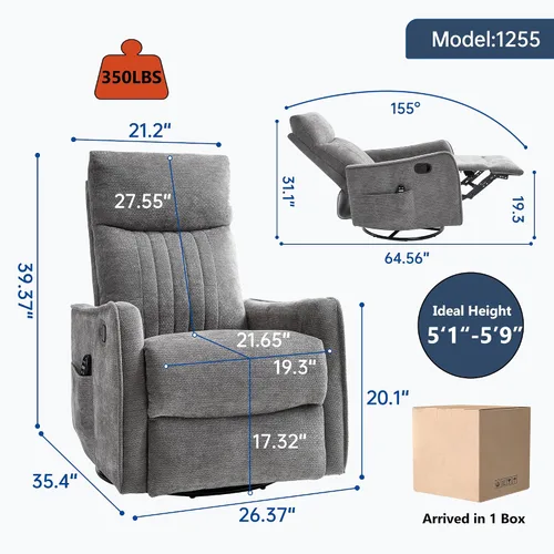 Miniatura 2 de Sillón reclinable de masaje de respaldo alto con calor, mecedora giratoria para espacios pequeños, sillón reclinable manual para adultos, perfecto