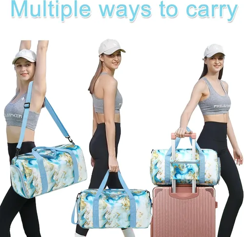 Miniatura 2 de BLUBOON Bolsa de lona deportiva para mujeres y niñas, bolsa de lona para el fin de semana, Guijarro azul blanco