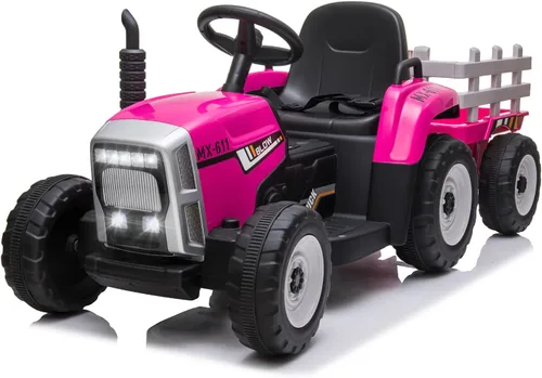 SEHOMY Tractor rosa para niños con remolque y motores duales de 25 W, vehículo eléctrico de 12 V con batería, con control remoto, cambio de 3