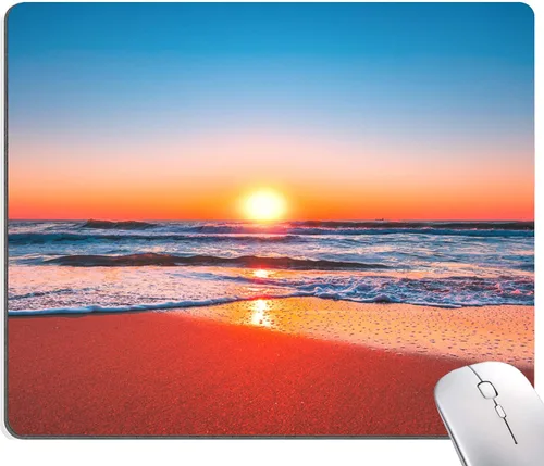 Alfombrilla de mouse con diseño de playa y amanecer, diseño personalizado, alfombrilla de mouse cuadrada impermeable con base de goma antideslizante