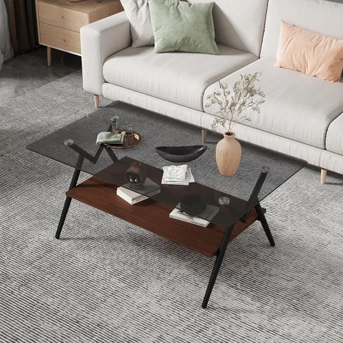 Miniatura 18 de Mesa de centro moderna rectangular con tapa de vidrio templado con estante de madera para el hogar, sala de estar, oficina, tienda o dormitorio