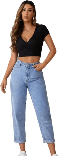 Miniatura 6 de SweatyRocks Pantalones de mezclilla de cintura alta enrollables y cónicos para mujer