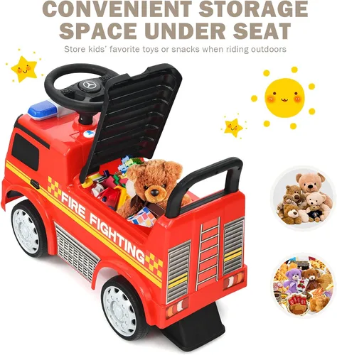 Miniatura 6 de HONEY JOY Coche de Paseo con Fabricador de Burbujas, Coche de Bomberos de Empuje para Niños Pequeños con Bocina, Música, Luces, Almacenamiento Bajo