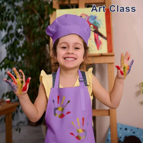 Miniatura 6 de Juego de delantal y sombrero de chef para niños, 24 piezas con 2 bolsillos ajustables para cocinar, aula, hornear, pintura, 6 a 13 años