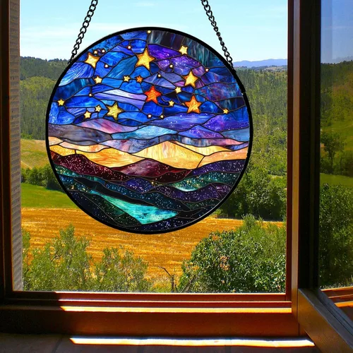 Miniatura 6 de Arte de Vidrio para Colgar en Ventanas, Cielo Azul con Estrellas de Oro Paisaje Abstracto Atrapasoles para Puertas y Ventanas, Adornos